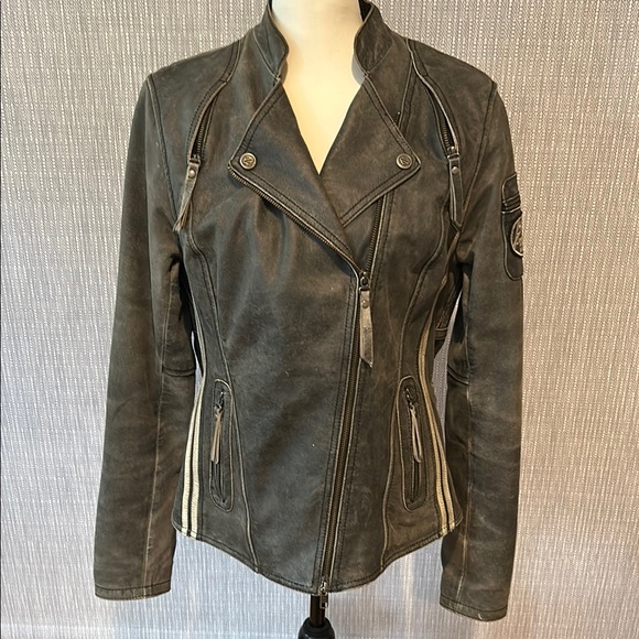 Women's Distressed Grey Biker Jacket - Picture 2 of 12